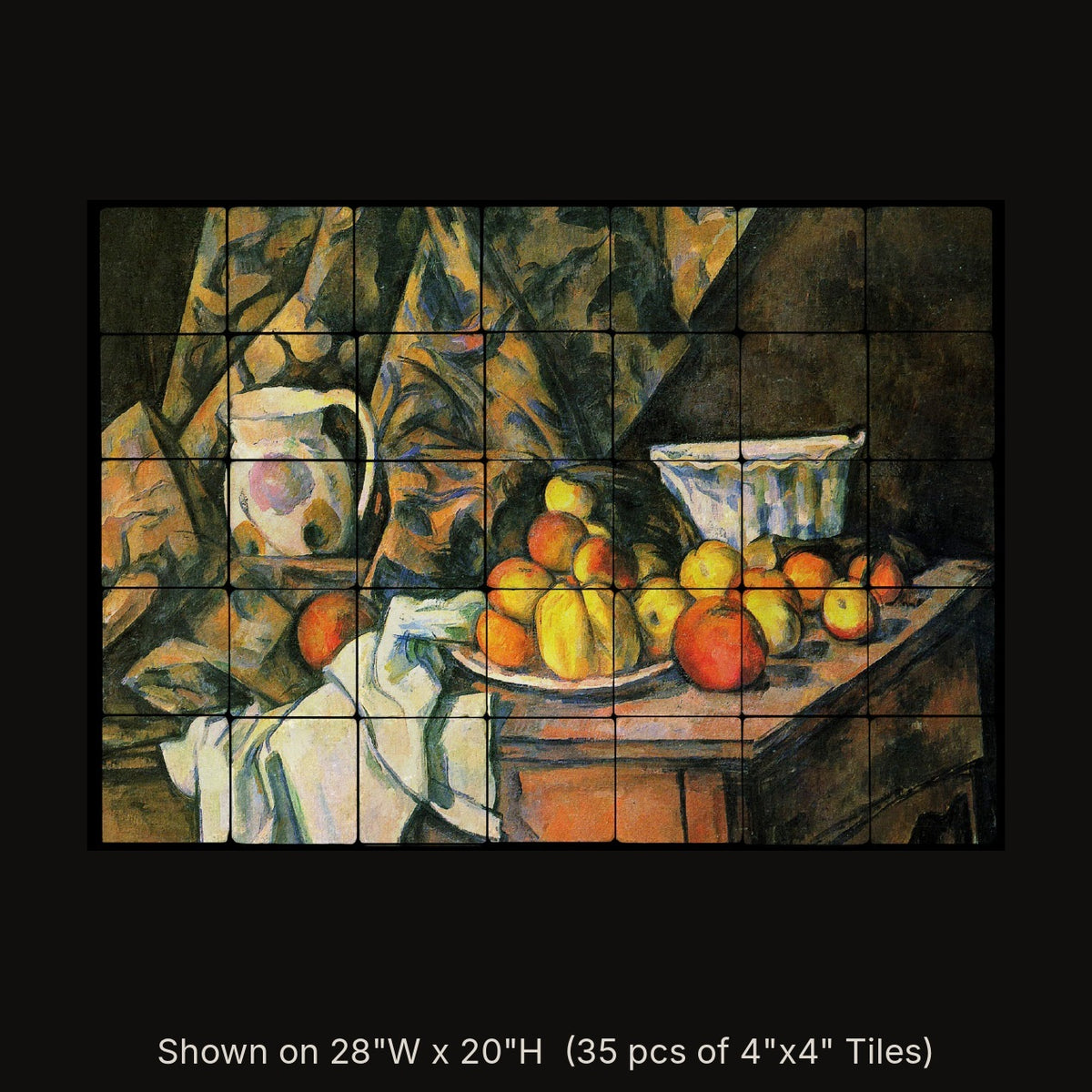 Still Life with Apples by Paul Cézanne, stone mural shown on 28"W x 20"H (35 pcs of 4"x4" tumbled marble tiles)