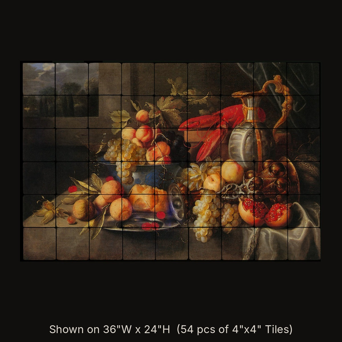 Früchtestillleben mit Hummer by Alexander Coosemans, stone mural shown on 36"W x 24"H (54 pcs of 4"x4" tumbled marble tiles)