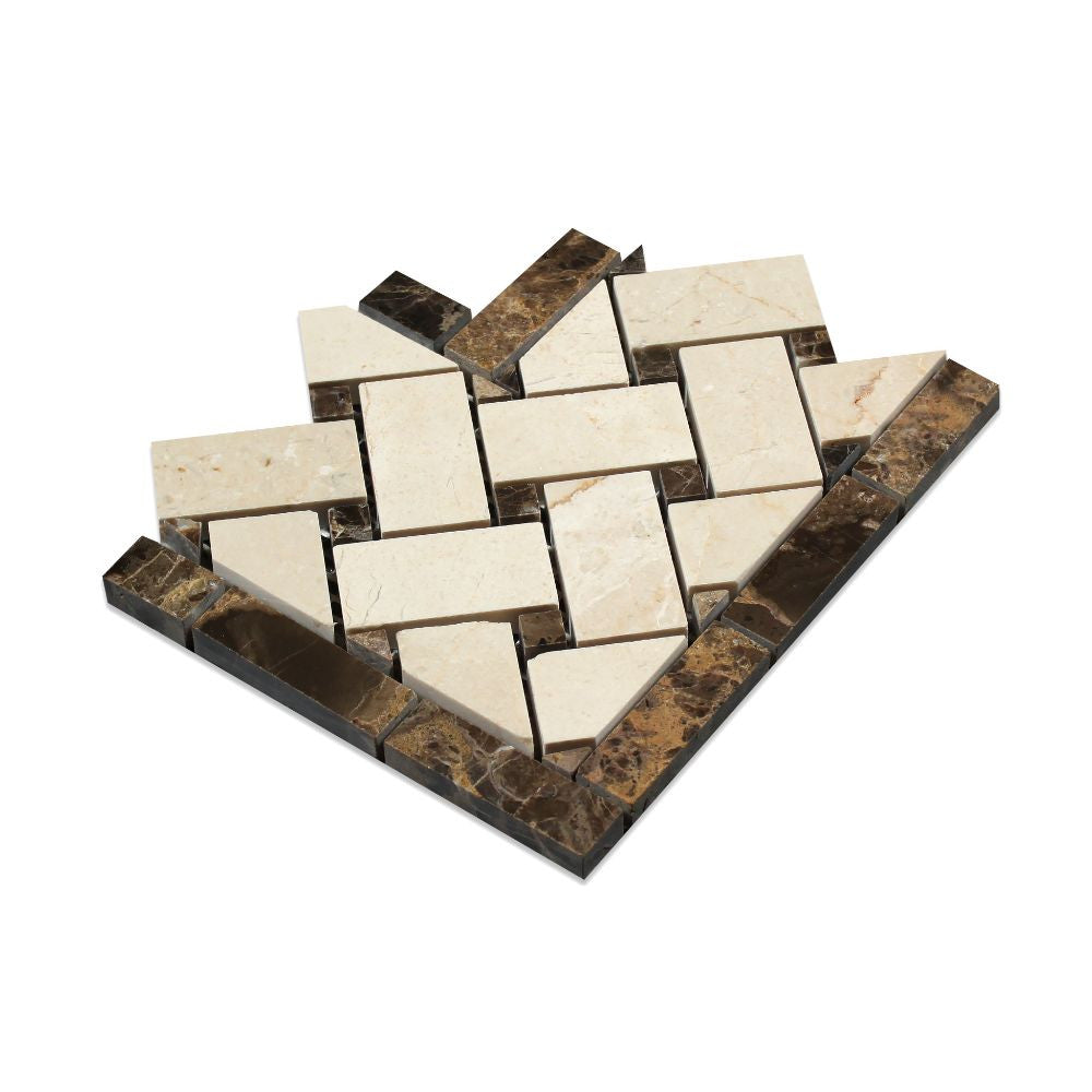 Crema Marfil Polished Marble Basketweave Corner w/ Emp. Dark Dots