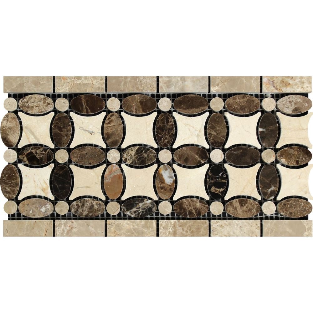 Emperador Dark Polished Marble Florida Flower Border (Emp. Dark + Crema Marfil + Emp. Light)