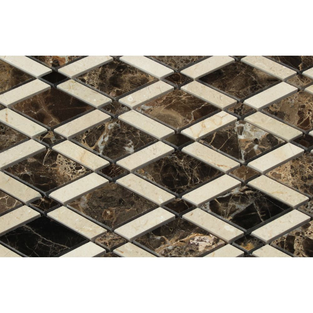 Emperador Dark Polished Marble Lattice Mosaic Tile (Emperador Dark + Crema Marfil)
