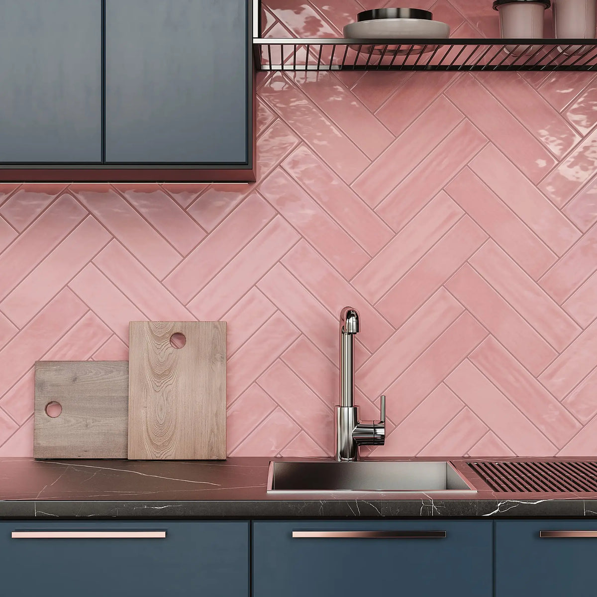 Flow Velvet Pink Ceramic Wall Tile – room scene