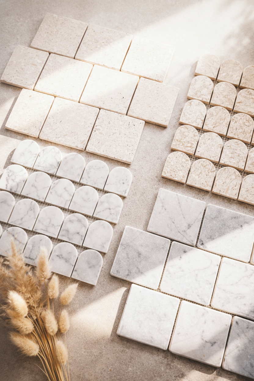 Nara Carrara White Offset Marble Mosaic Tile – installed