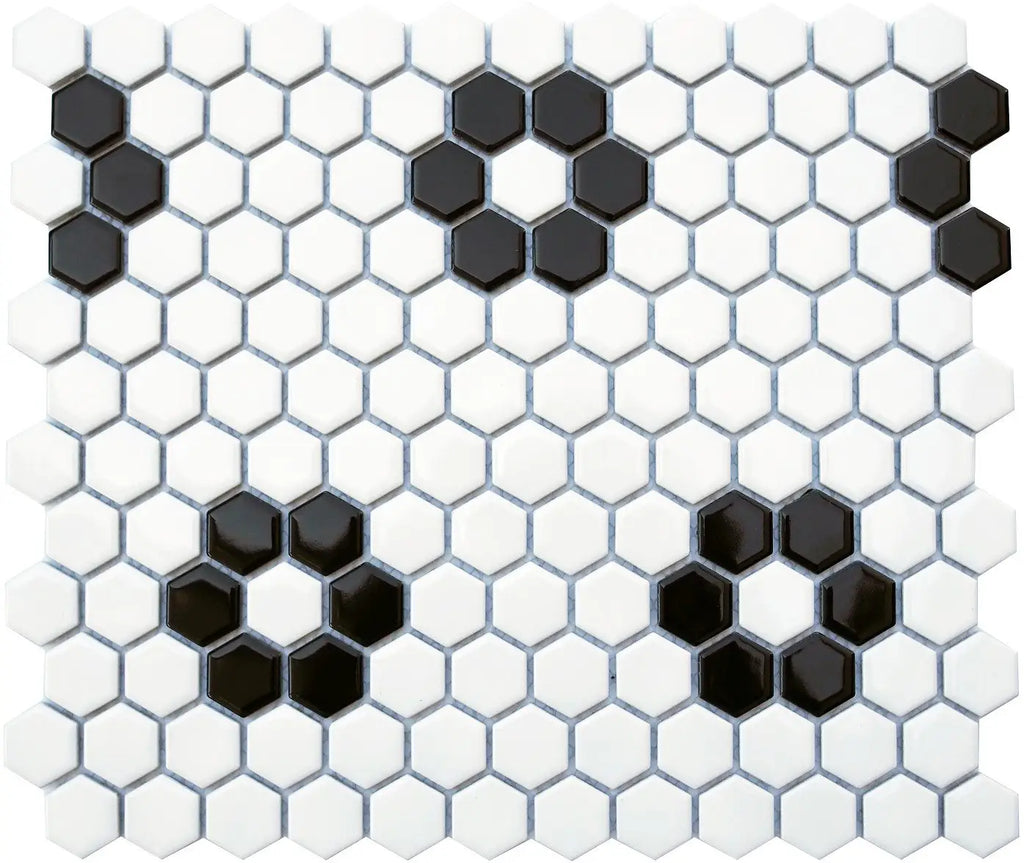 CC Mosaics Black & White Flower Hexagon Porcelain Mosaic Tile