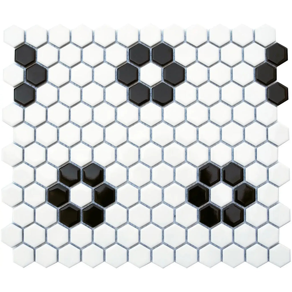 CC Mosaics Black & White Flower Hexagon Porcelain Mosaic Tile