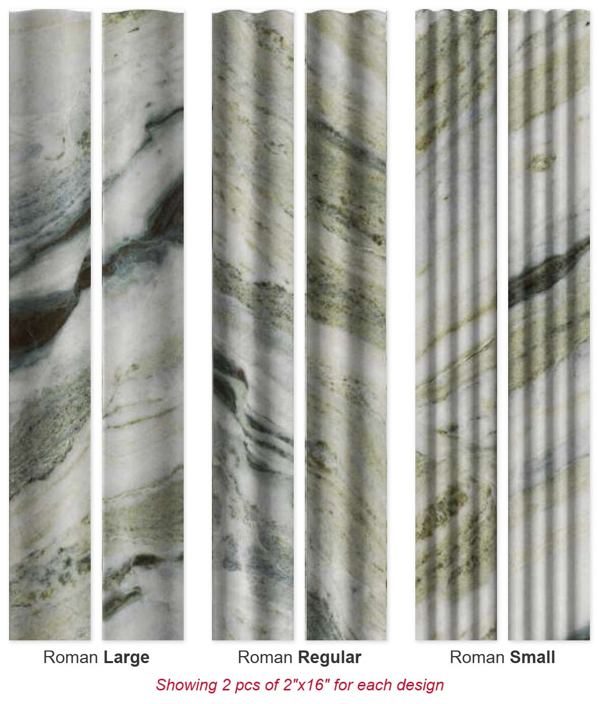 Fluted Delight River Jade: 2 pcs of 2"x16" in each design – Roman Large, Regular and Small