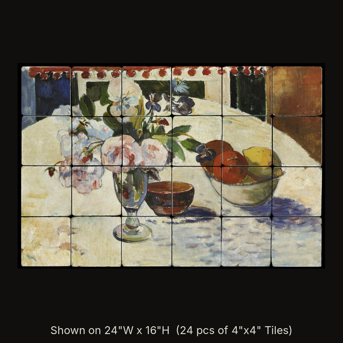 Flowers & a Bowl of Fruit by Paul Gauguin, stone mural shown on 24"W x 16"H (24 pcs of 4"x4" tumbled marble tiles)