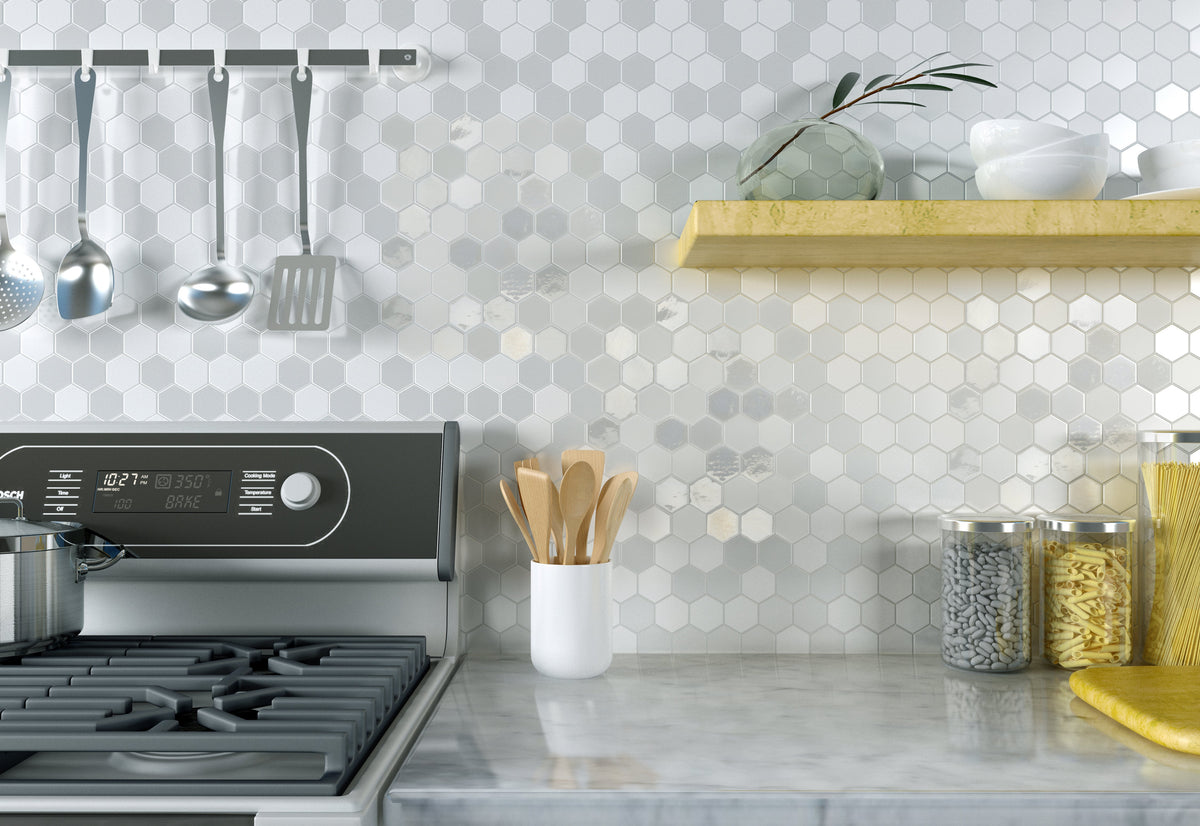 Glam White Recycled Glass Mosaic Tile – installed