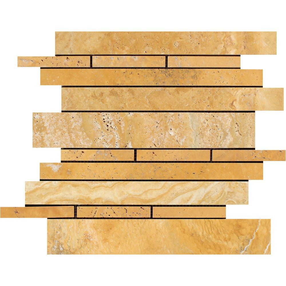 Gold Honed Travertine Random Strip Mosaic Tile