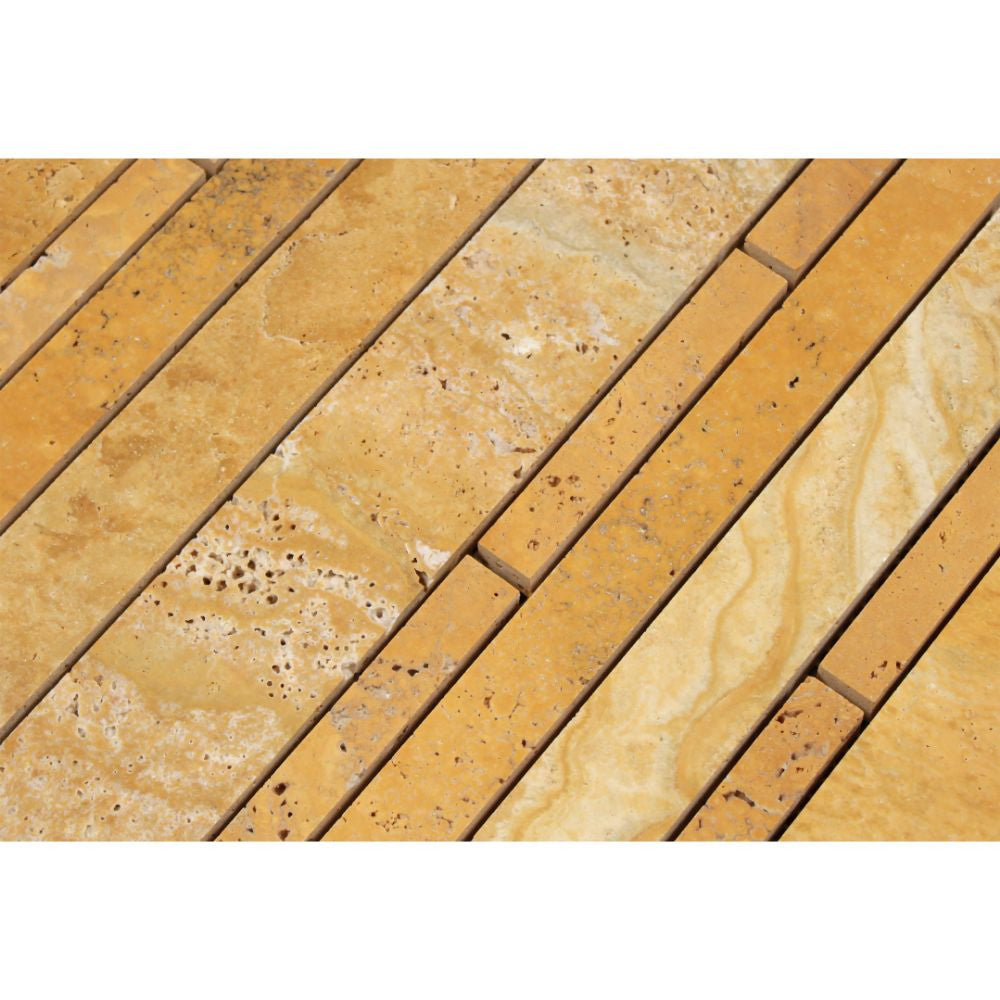Gold Honed Travertine Random Strip Mosaic Tile