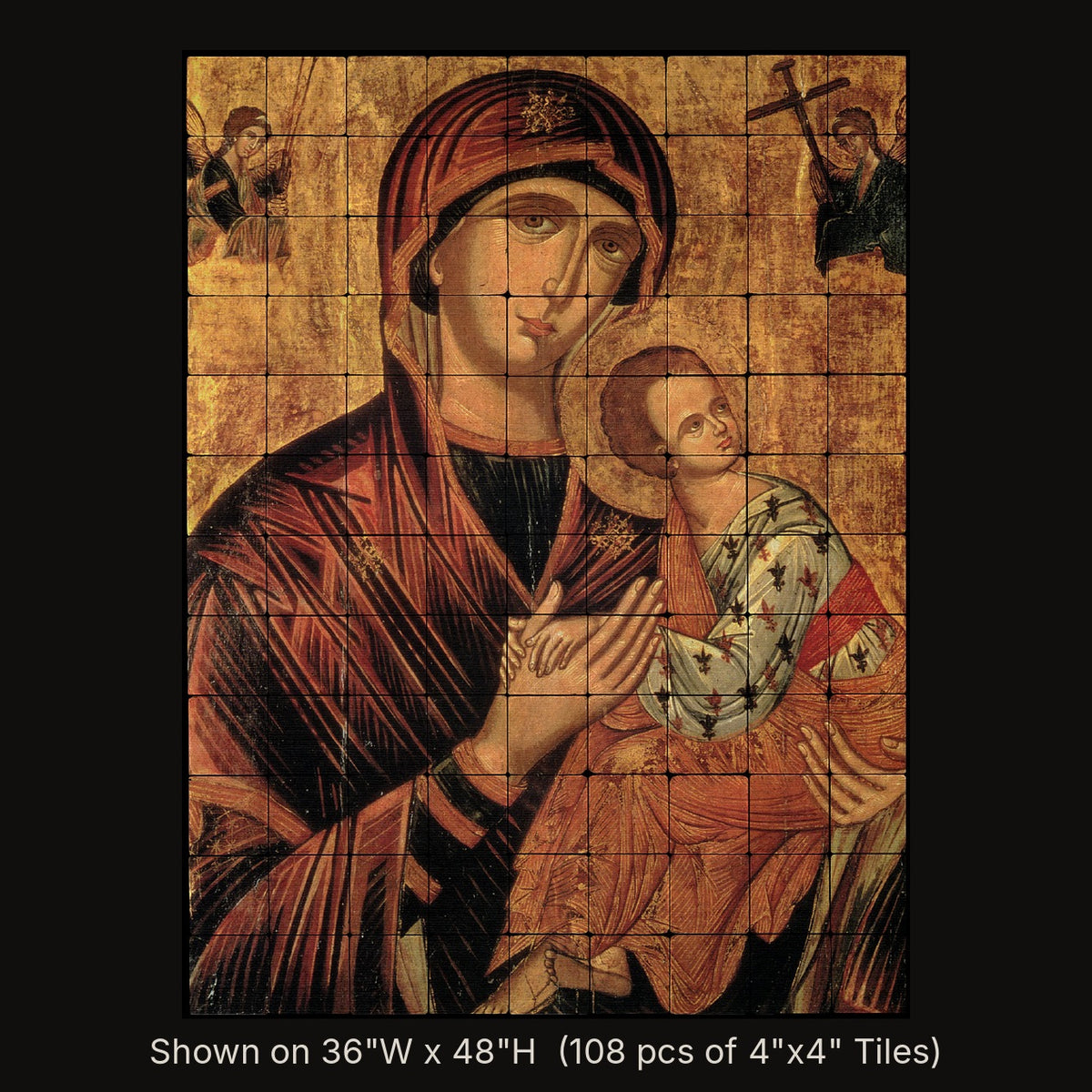 The Virgin Glykophilousa Greek icon, stone mural shown on 36"W x 48"H (108 pcs of 4"x4" tumbled marble tiles)