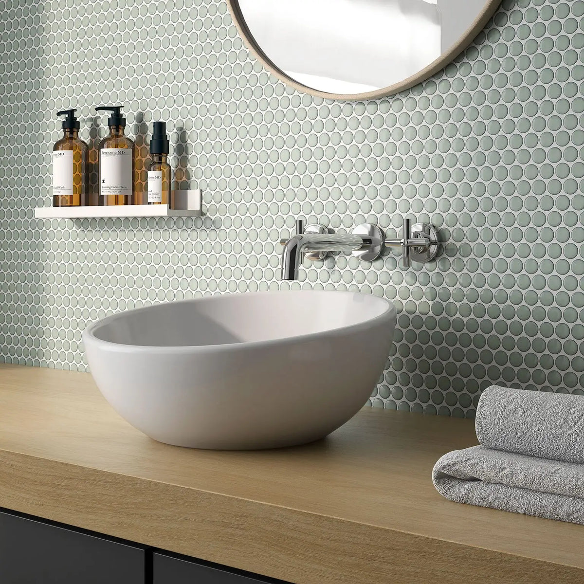CC Mosaics Plus Mint Green Penny Round Porcelain Mosaic Tile – room scene