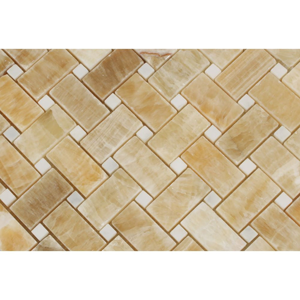 Honey Onyx Polished Basketweave Mosaic Tile w/ White Dots