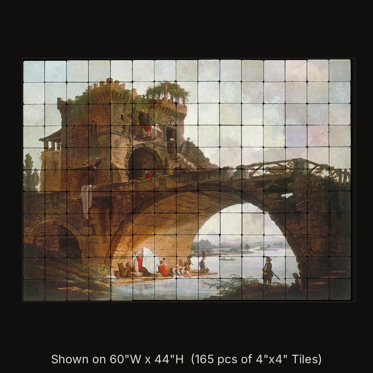 The Old Bridge by Hubert Robert, stone mural shown on 60"W x 44"H (165 pcs of 4"x4" tumbled marble tiles)