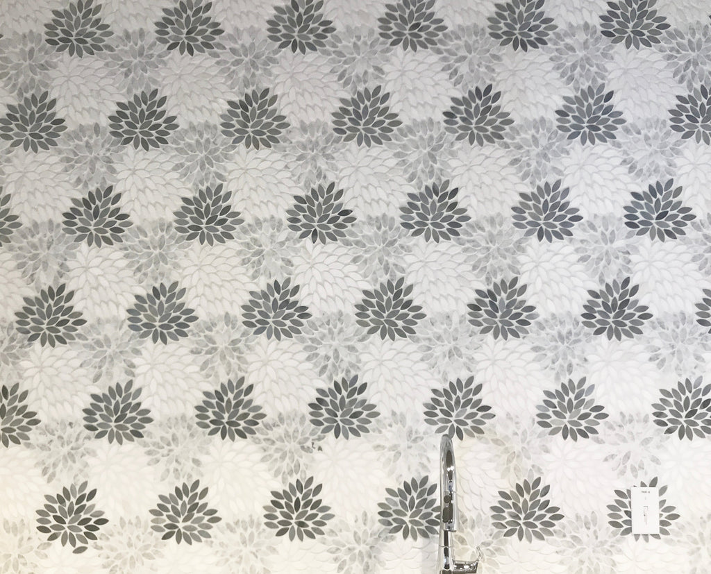 Ornate Stone Flower Mosaic Tile – installed