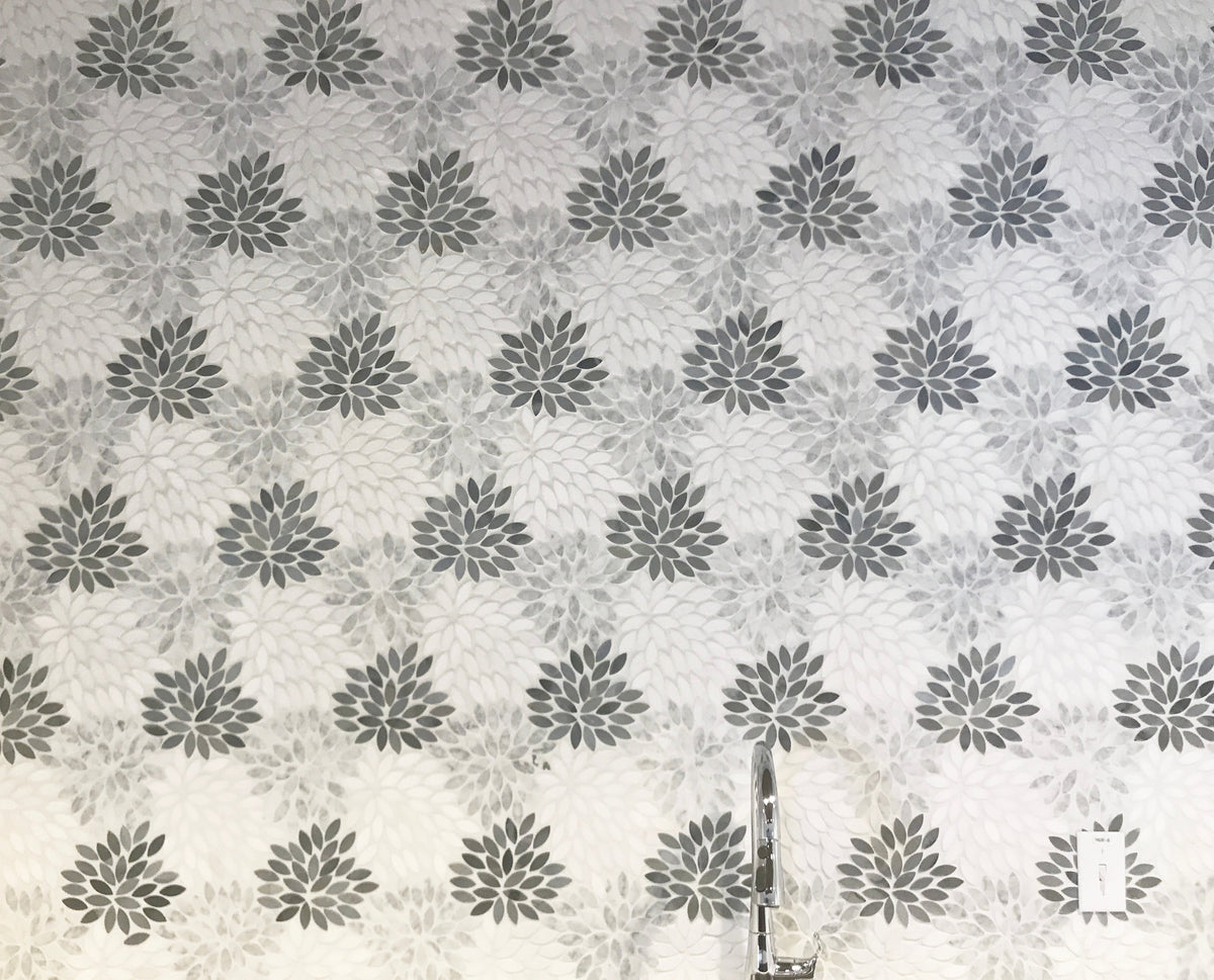 Ornate Stone Flower Mosaic Tile – installed