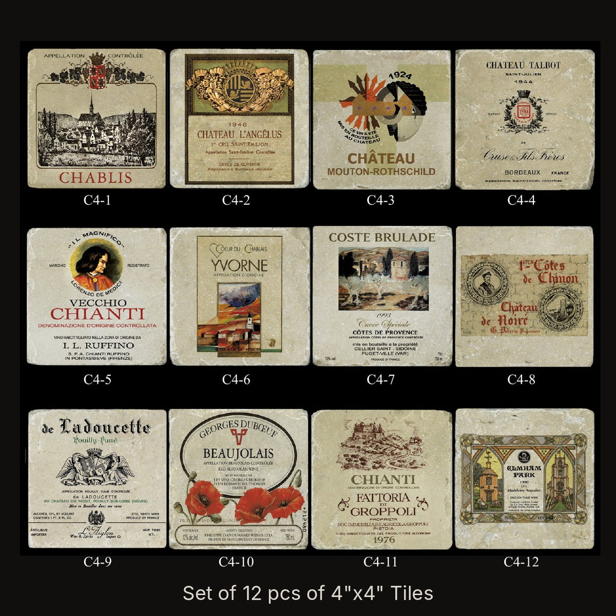 International Wine Label Collection Four accent tile set, 12 pcs of 4"x4" tumbled marble tiles