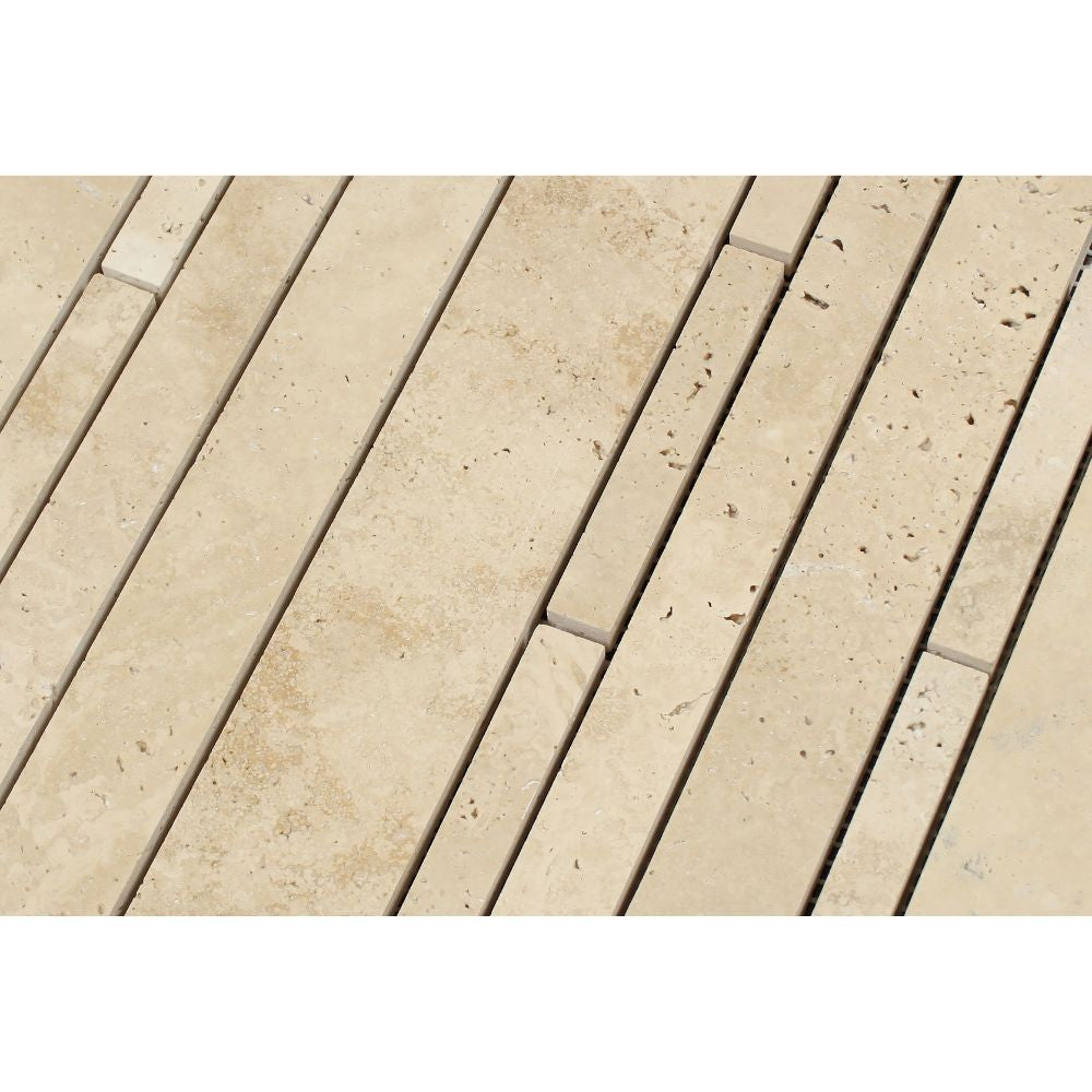 Ivory Honed Travertine Random Strip Mosaic Tile