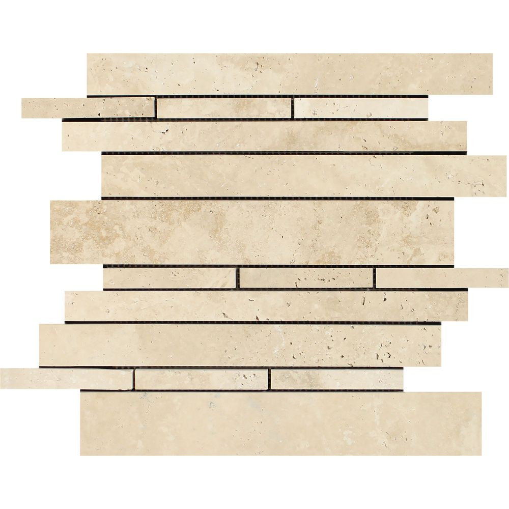 Ivory Honed Travertine Random Strip Mosaic Tile