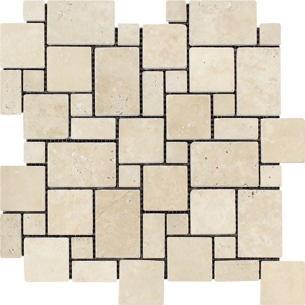 Ivory Tumbled Travertine Mini Versailles Pattern Mosaic Tile