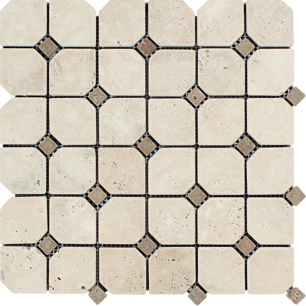 Ivory Tumbled Travertine Octagon Mosaic Tile w/ Noce Dots