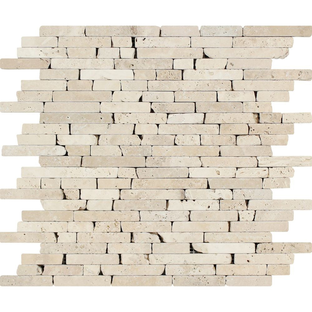 Ivory Tumbled Travertine Random Strip Mosaic Tile