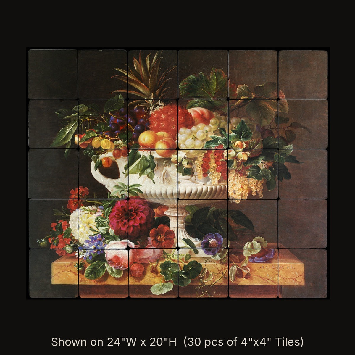 Grecian Urn with Fruits by Johan Laurentz Jensen, stone mural shown on 24"W x 20"H (30 pcs of 4"x4" tumbled marble tiles)