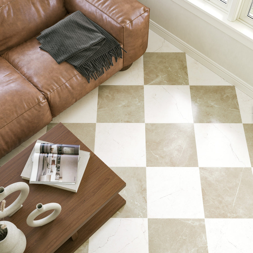 Keys White Porcelain Tile – checkerboard with Beige