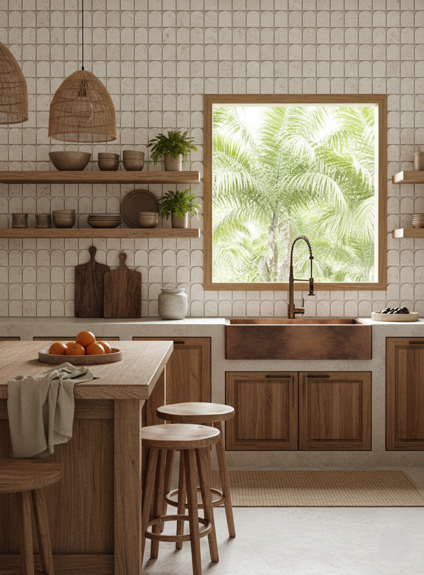 Nara Beige Stone Arc Marble Mosaic Tile – installed