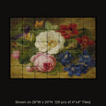 Bouquet of Flowers by Josef Lauer, stone mural shown on 28"W x 20"H (35 pcs of 4"x4" tumbled marble tiles)
