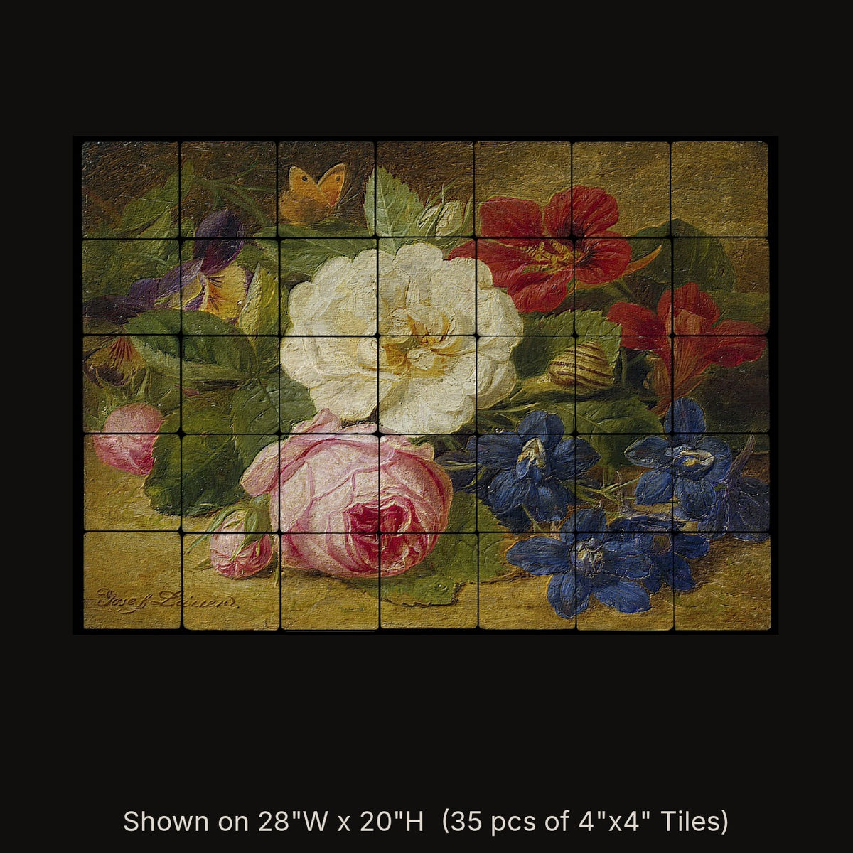 Bouquet of Flowers by Josef Lauer, stone mural shown on 28"W x 20"H (35 pcs of 4"x4" tumbled marble tiles)