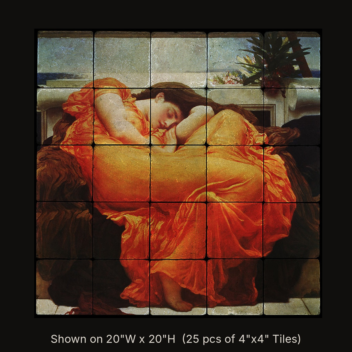 Flaming June by Frederic Leighton, stone mural shown on 20"W x 20"H (25 pcs of 4"x4" tumbled marble tiles)