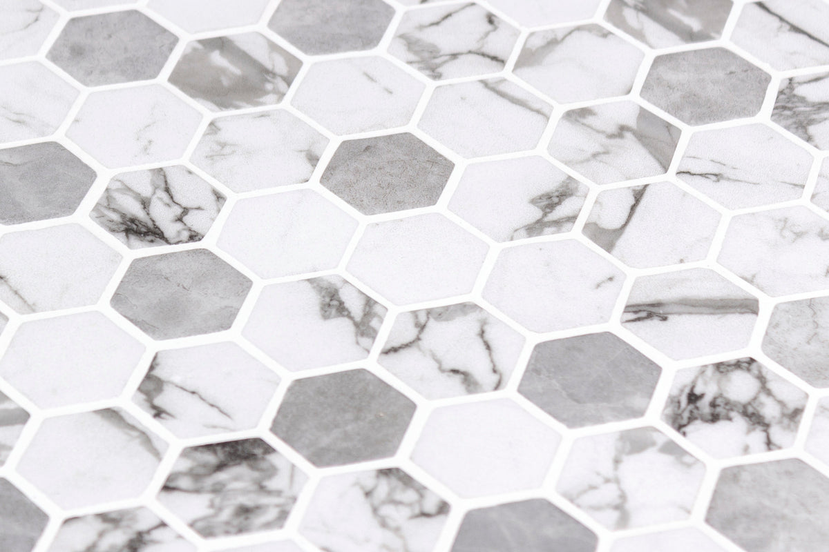 Marmoreal Grey Calacatta Hexagon Recycled Glass Mosaic Tile – installed