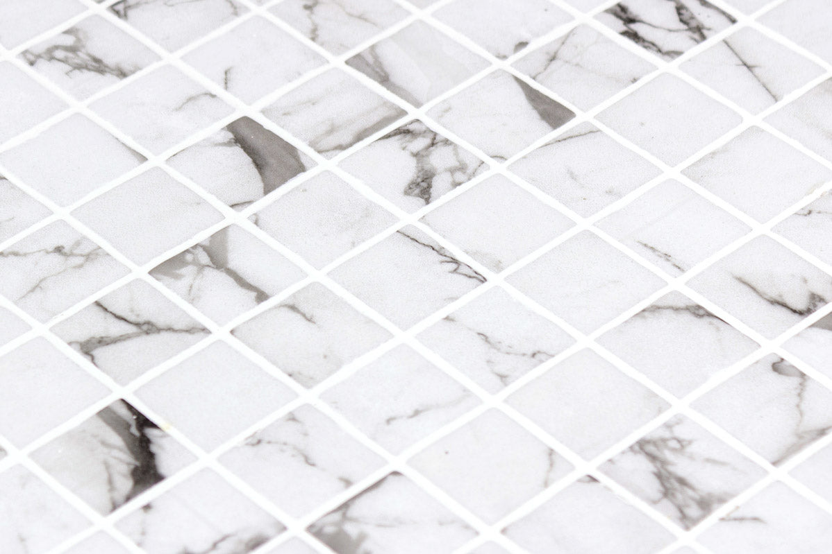 Marmoreal Grey Calacatta Square Recycled Glass Mosaic Tile – installed