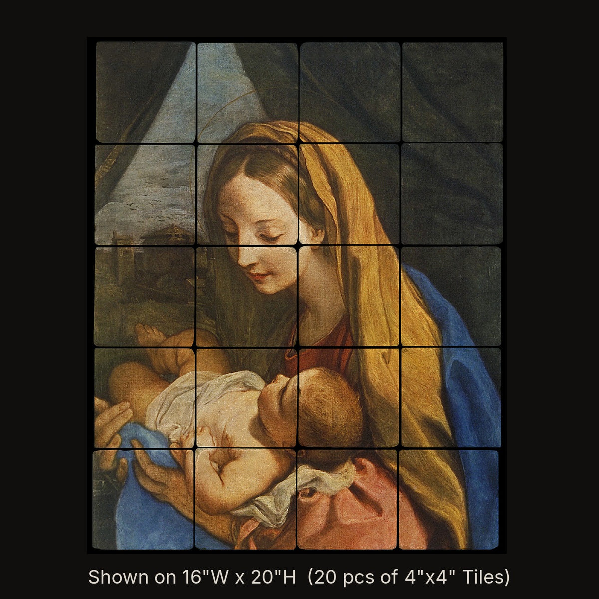Madonna by Carlo Maratta, stone mural shown on 16"W x 20"H (20 pcs of 4"x4" tumbled marble tiles)