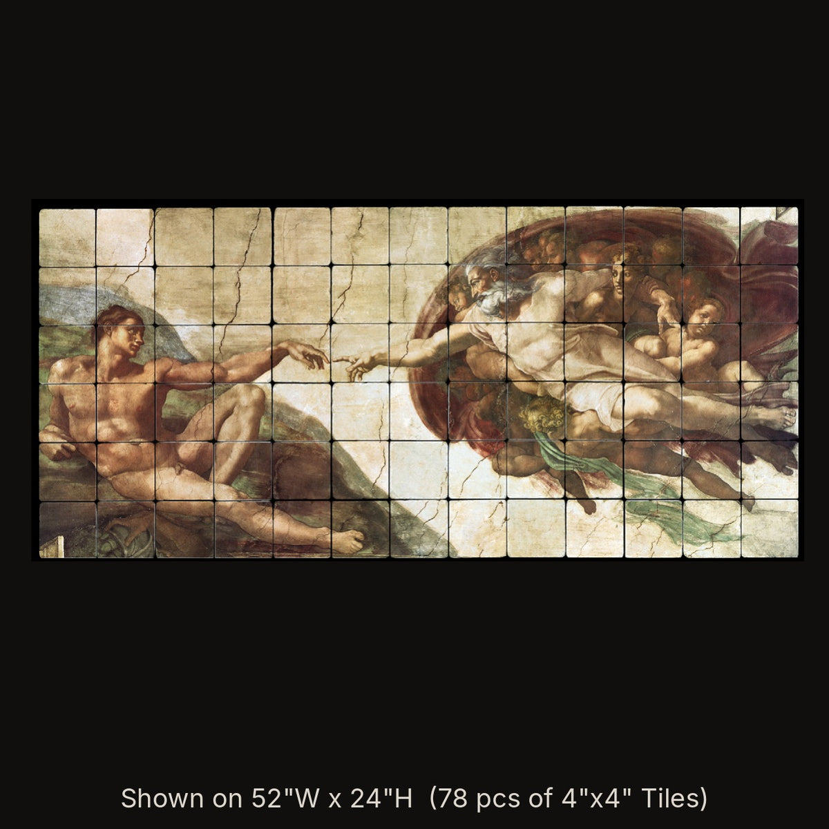 The Creation of Adam by Michelangelo Buonarroti, stone mural shown on 52"W x 24"H (78 pcs of 4"x4" tumbled marble tiles)