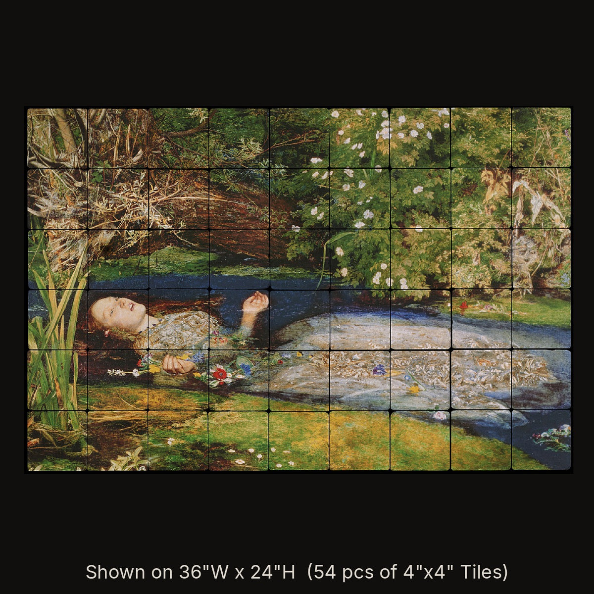 Ophelia by John Everett Millais, stone mural shown on 36"W x 24"H (54 pcs of 4"x4" tumbled marble tiles)