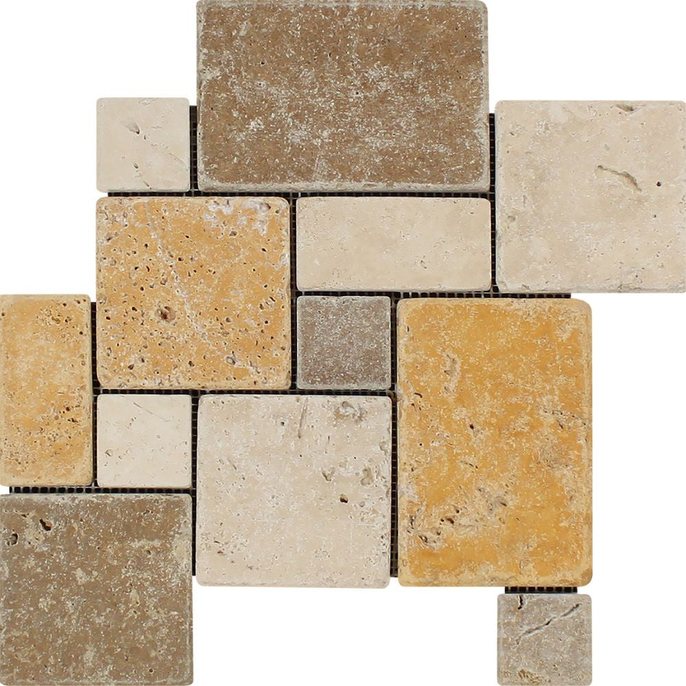 Mixed Travertine Tumbled OPUS Mini Pattern Mosaic Tile (Interlocking) (Ivory + Noce + Gold)