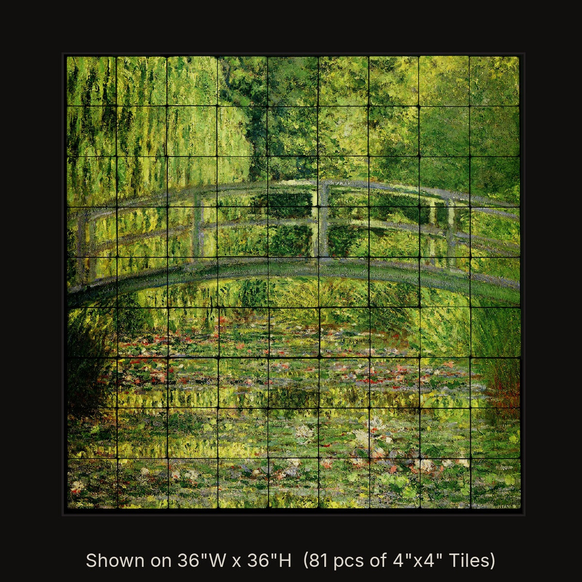 Le Bassin aux Nymphéas by Claude Monet, stone mural shown on 36"W x 36"H (81 pcs of 4"x4" tumbled marble tiles)