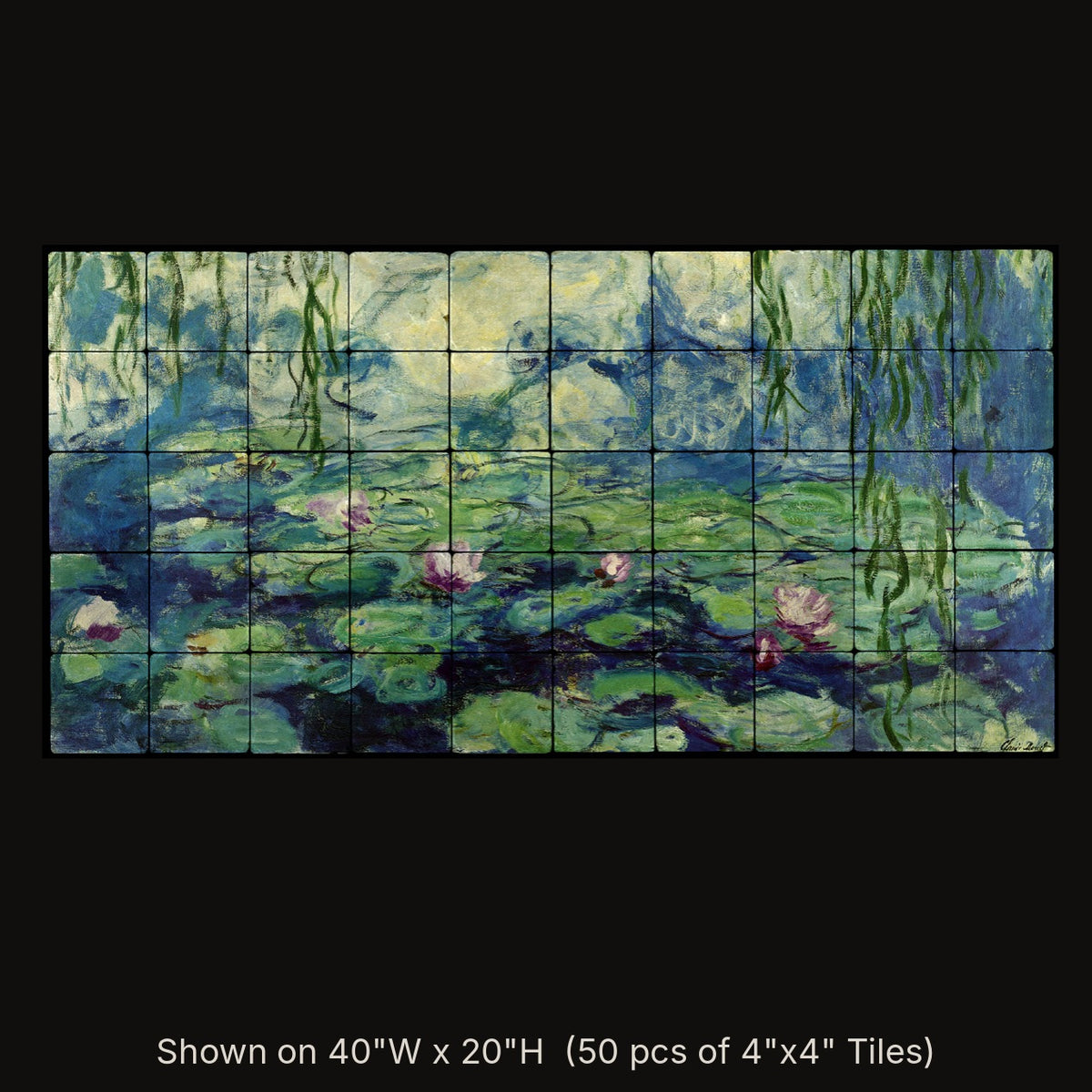 Nymphéas by Claude Monet, stone mural shown on 40"W x 20"H (50 pcs of 4"x4" tumbled marble tiles)