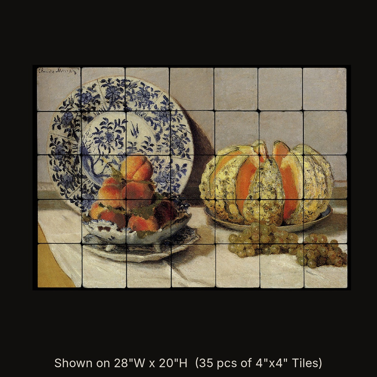 Still Life with Melon by Claude Monet, stone mural shown on 28"W x 20"H (35 pcs of 4"x4" tumbled marble tiles)