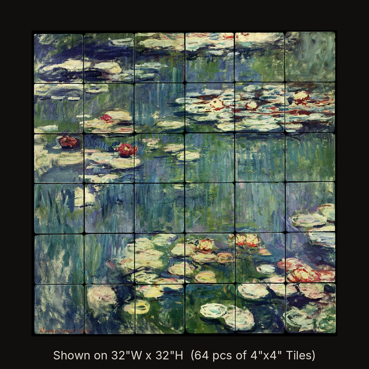 Water Lilies by Claude Monet, stone mural shown on 32"W x 32"H (64 pcs of 4"x4" tumbled marble tiles)
