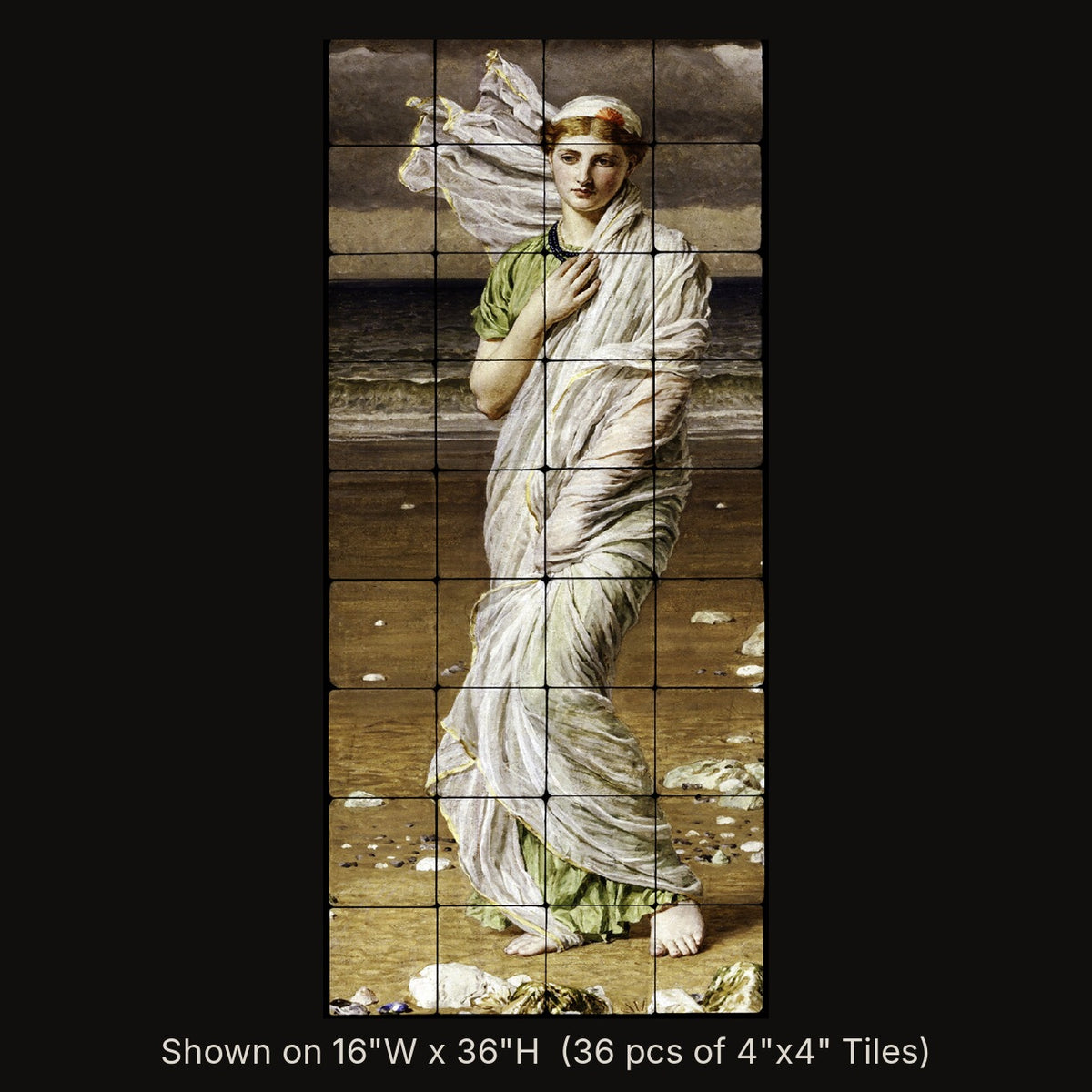 Sea Shells by Albert Joseph Moore, stone mural shown on 16"W x 36"H (36 pcs of 4"x4" tumbled marble tiles)