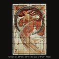Dance inspired by Alphonse Mucha, stone mural shown on 24"W x 36"H (54 pcs of 4"x4" tumbled marble tiles)