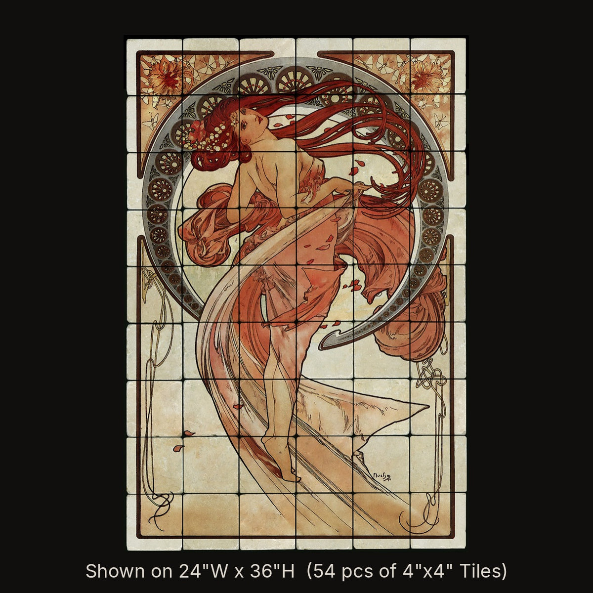 Dance inspired by Alphonse Mucha, stone mural shown on 24"W x 36"H (54 pcs of 4"x4" tumbled marble tiles)