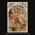 Flower inspired by Alphonse Mucha, stone mural shown on 16"W x 24"H (24 pcs of 4"x4" tumbled marble tiles)