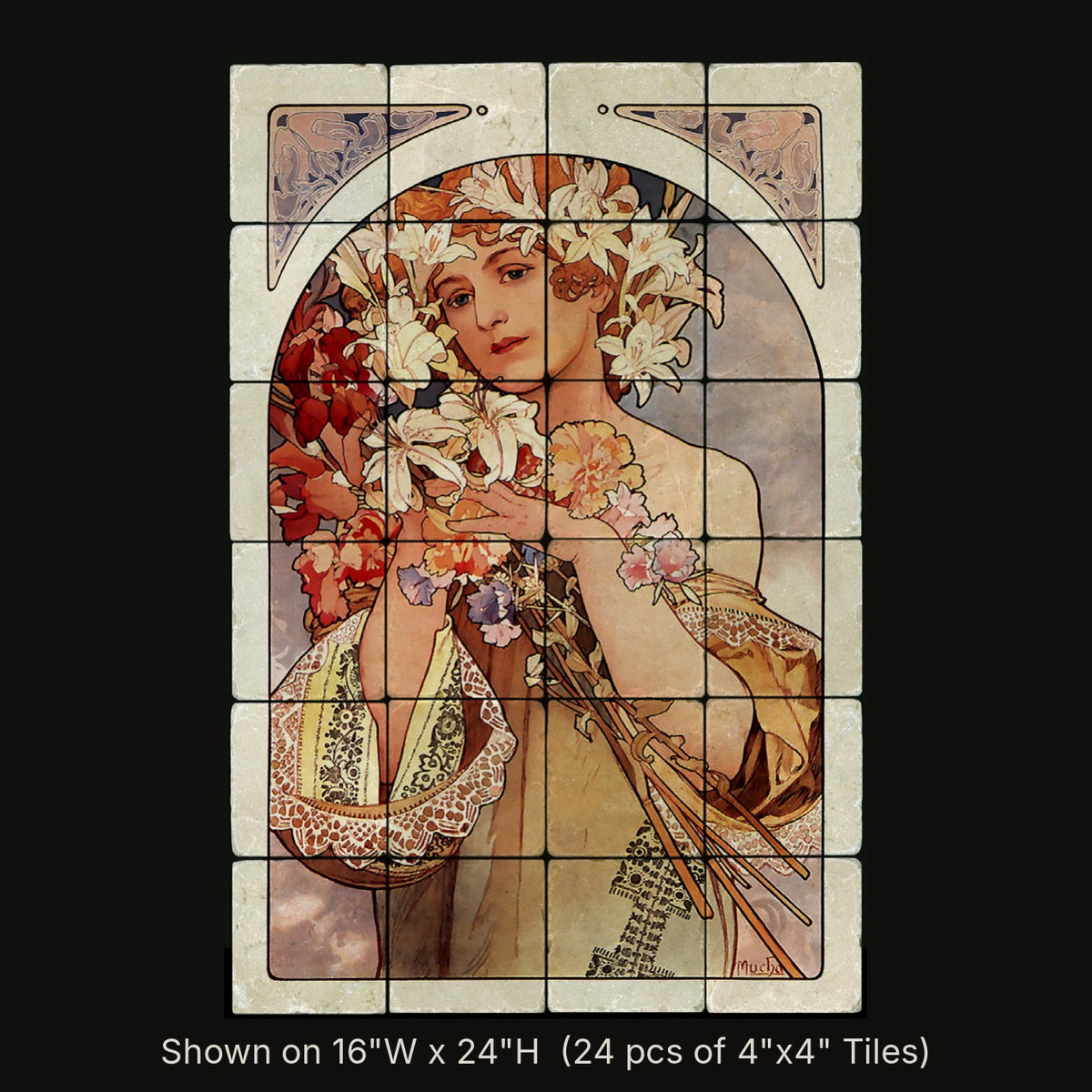 Flower inspired by Alphonse Mucha, stone mural shown on 16"W x 24"H (24 pcs of 4"x4" tumbled marble tiles)