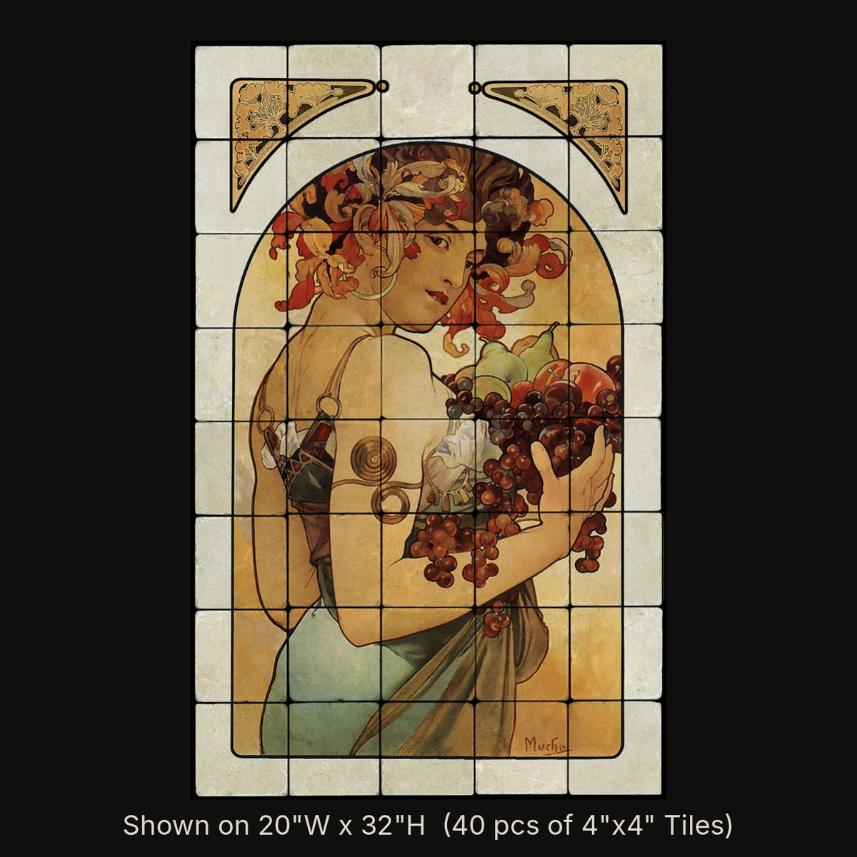 Fruit inspired by Alphonse Mucha, stone mural shown on 20"W x 32"H (40 pcs of 4"x4" tumbled marble tiles)