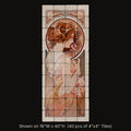 La Fleur inspired by Alphonse Mucha, stone mural shown on 16"W x 40"H (40 pcs of 4"x4" tumbled marble tiles)