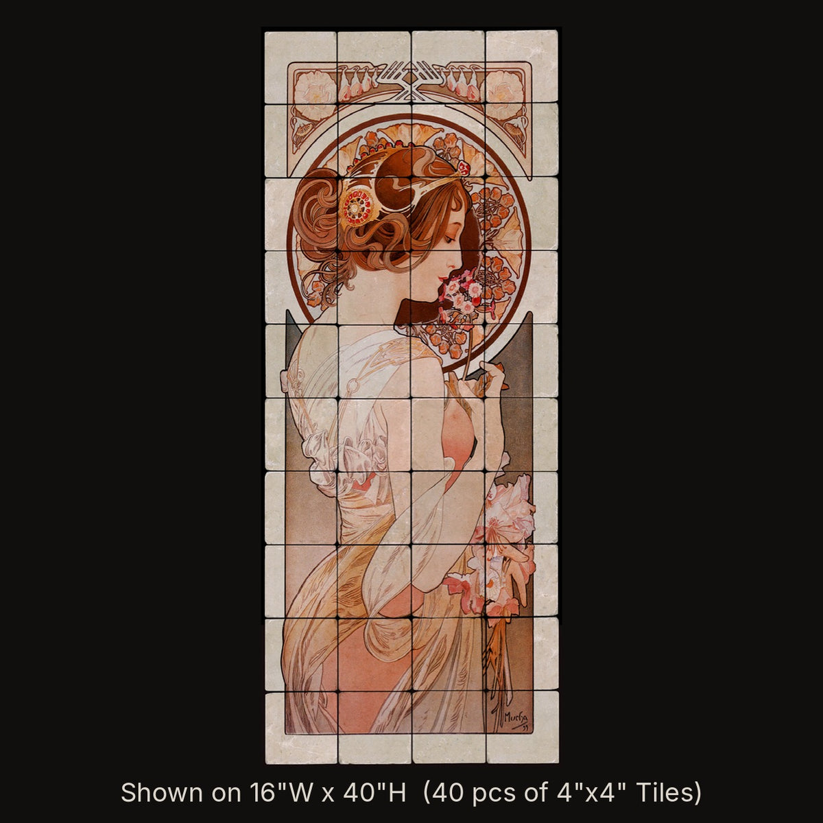 La Fleur inspired by Alphonse Mucha, stone mural shown on 16"W x 40"H (40 pcs of 4"x4" tumbled marble tiles)